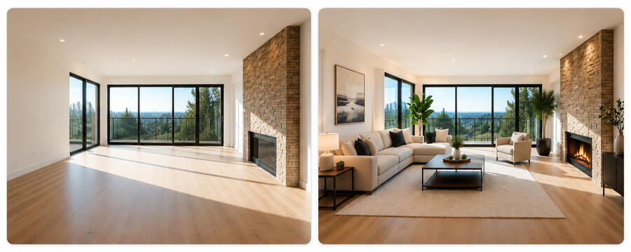 Before and After virtual staging Before and After virtual staging of a modern living room, showing the difference AI can make