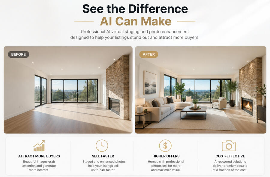 ransform Your Listings with AI Virtual Staging Before and after comparisons of various living rooms staged digitally, showcasing the power of AI