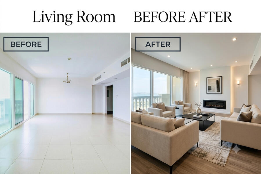 Transform Your Listings with AI Virtual Staging Comparison between a professionally staged and non-staged living room, highlighting the modern results achieved with AI technology