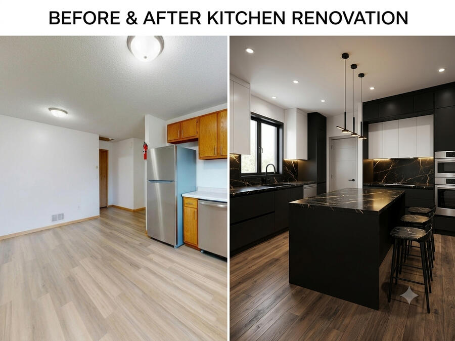 Modernize Your Kitchen with Virtual Renovations Before and after AI-powered remodel of a outdated kitchen, showing the new design without construction