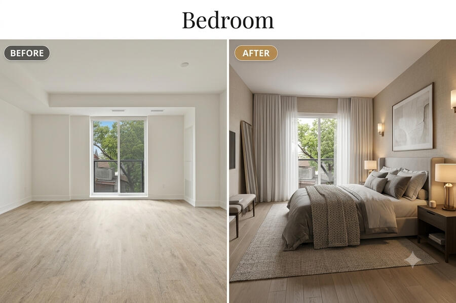 Create Your Dream Bedroom with Virtual Staging Virtual staging transforming a plain bedroom into a stylish and inviting space, perfect for real estate marketing