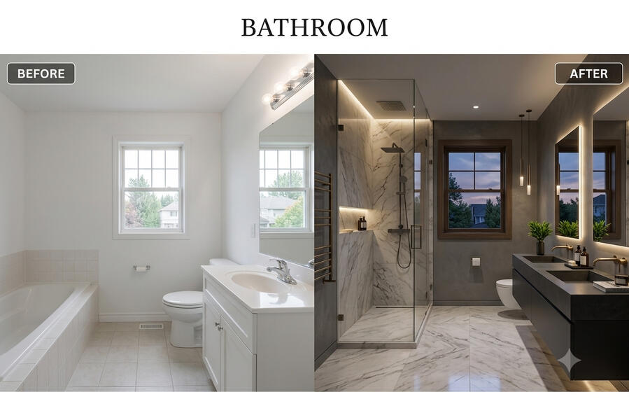 Revitalize Your Bathroom with virtual staging AI virtual staging transforming a dated bathroom into a spa-like retreat, boosting real estate appeal