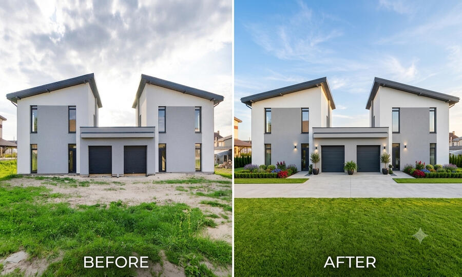 Enhance Your Curb Appeal with AI Photo Retouching Before and after comparison of a house exterior, showing the dramatic impact of AI enhancement