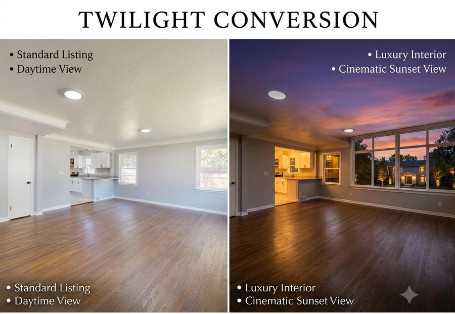Capturez la magie des annonces au coucher de soleil par IA Before and after comparison of a real estate photo enhanced to look like twilight, adding luxury and appeal